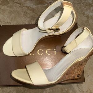 Gucci Cream Patent Leather Cork Wedge Sandals with Ankle Strap